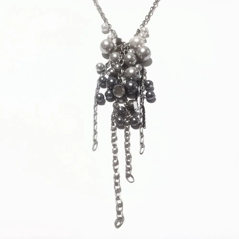 Silver Tone Pearl Rhinestone Tassel Necklace White Gray Pearls Long 28